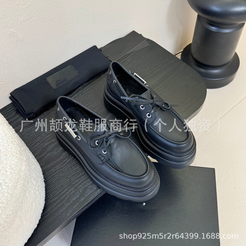 高端2025新款圆头复古做旧浅口厚底增高系带百搭时尚乐福鞋单鞋女|undefined