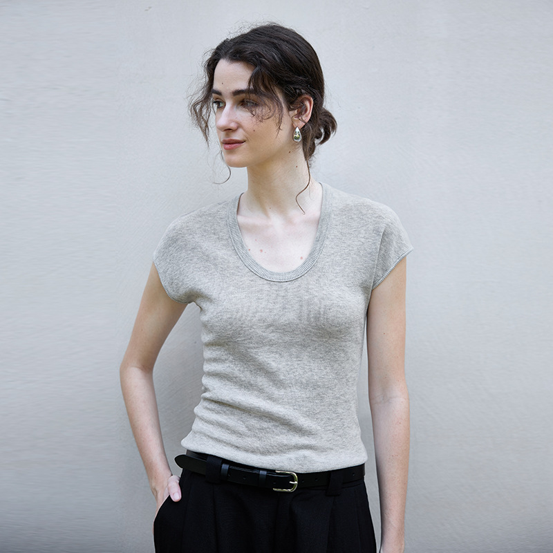 Spring and Summer New Style Round Neck Linen Knit Slim-Fit Short-Sleeve Women's High-End Basic Top T-Shirt Tencel Linen T-Shirt