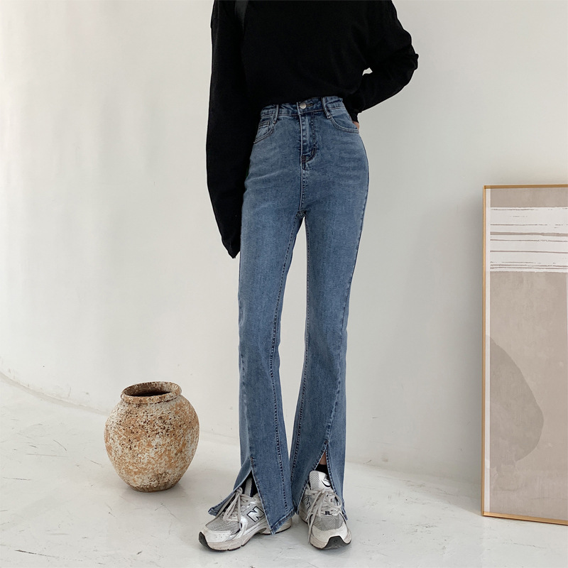 Spring and Autumn Flared Pants 2021 New Korean Style High Waist Slimming Stretch Straight Tube Split Jeans Women's Slim Fit Floor Pants