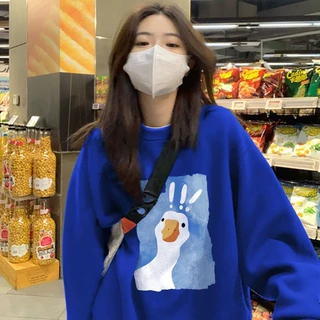 蓝色宽松卡通印花卫衣秋冬新款洋气显瘦日常休闲百搭上衣