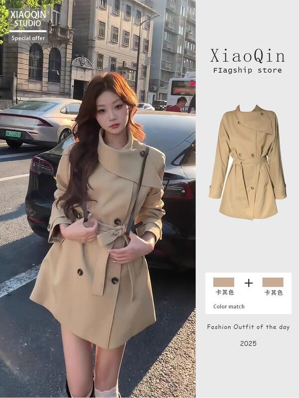 Korean Style Autumn Internet Celebrity Daughter Commuter Double-Breasted Trench Coat for Women 2025 Waist-Cinching New High-End British Style
