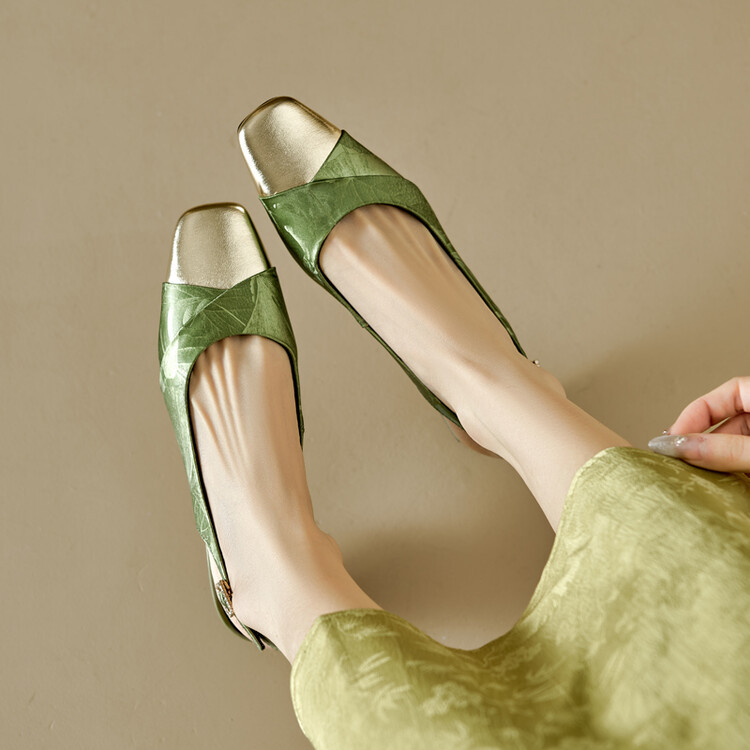 Sandal bít mũi nữ da bò phối màu gót thô 5 cm — Màu xanh lá, Màu mơ