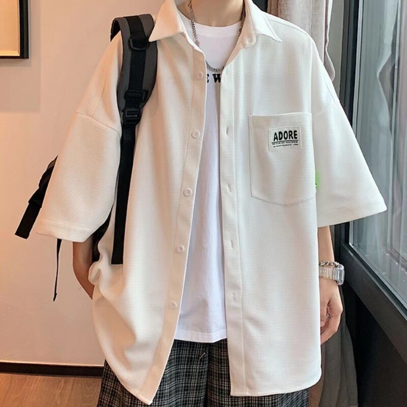 Men's Waffle Short-sleeved Shirt Men's Summer Trendy Loose plus size Men's All-match Handsome suit Casual Couple's Top