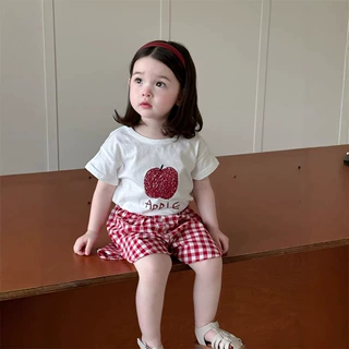 儿童服装夏季薄款宝宝衣服女童短袖T恤格子短裤套装厂家批发定制