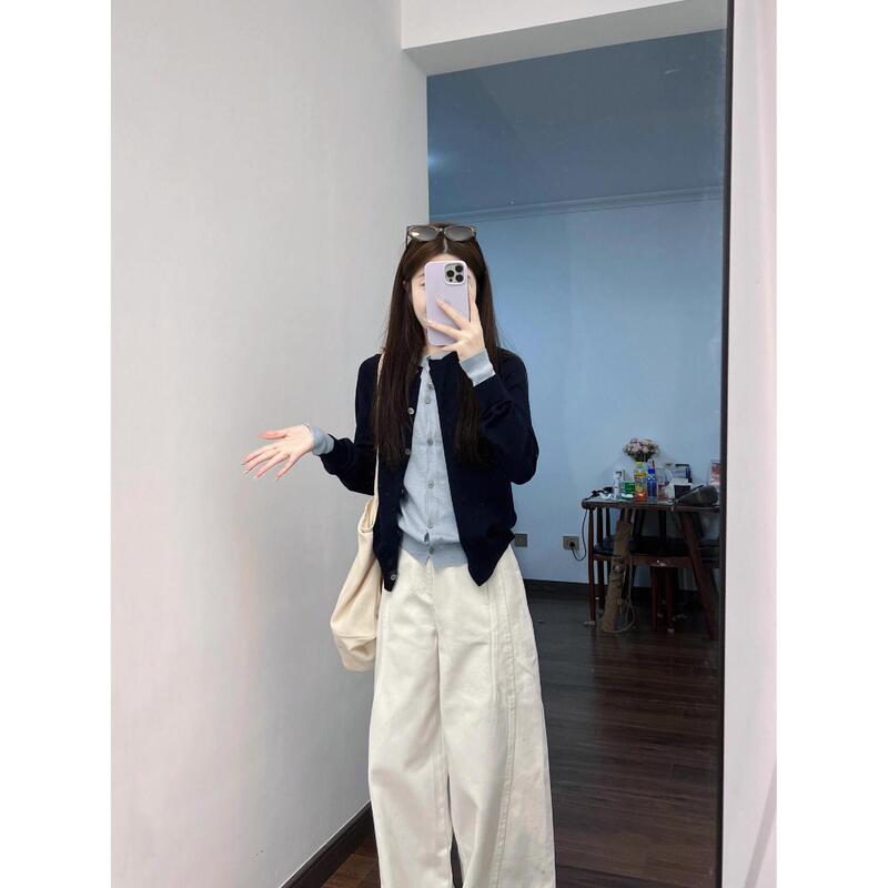 假两件层次感宽松上衣女秋季新款撞色拼接针织开衫学院风毛衣外套|undefined