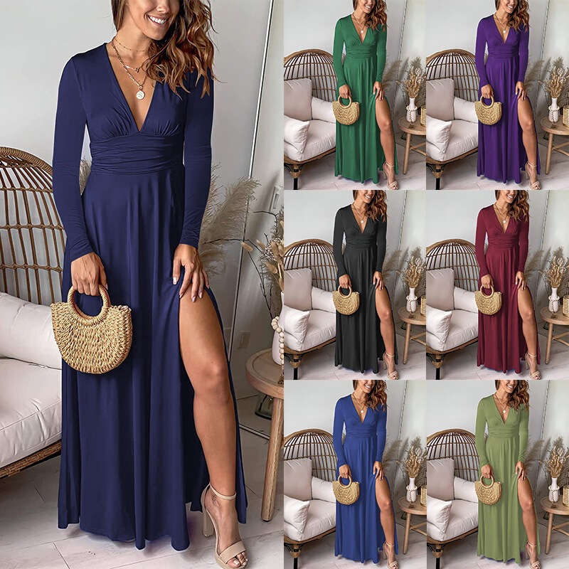 Deep V-Neck Long-Sleeve Dress with Pleated Ruching, High Waist, Slit, Club Party Evening Dress, Solid Color Dress Deep V-Neck Long-Sleeve Dress with Pleated Ruching, High Waist, Slit, Club Party Evening Dress, Solid Color Dress