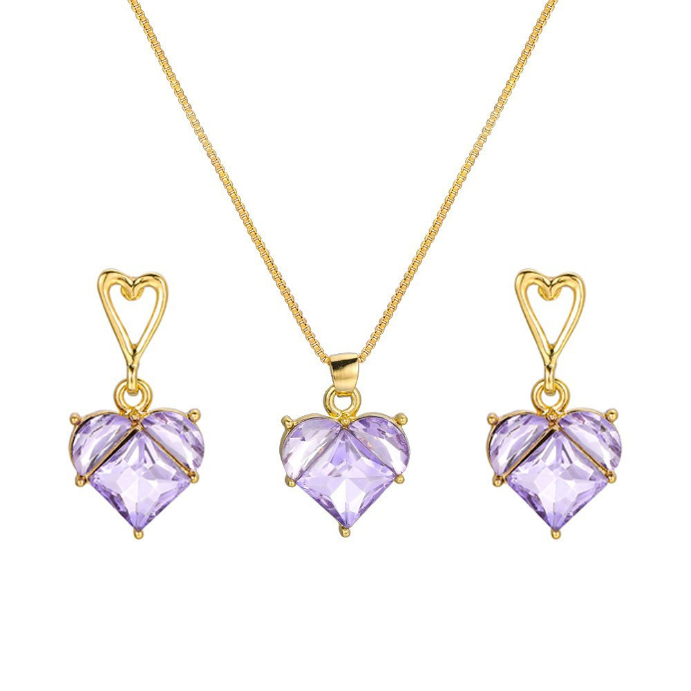 Cross-Border New Style Light Luxury High-End Pink Diamond Necklace and Earrings Set for Women Exquisite Heart-Shaped Zircon Jewelry Set