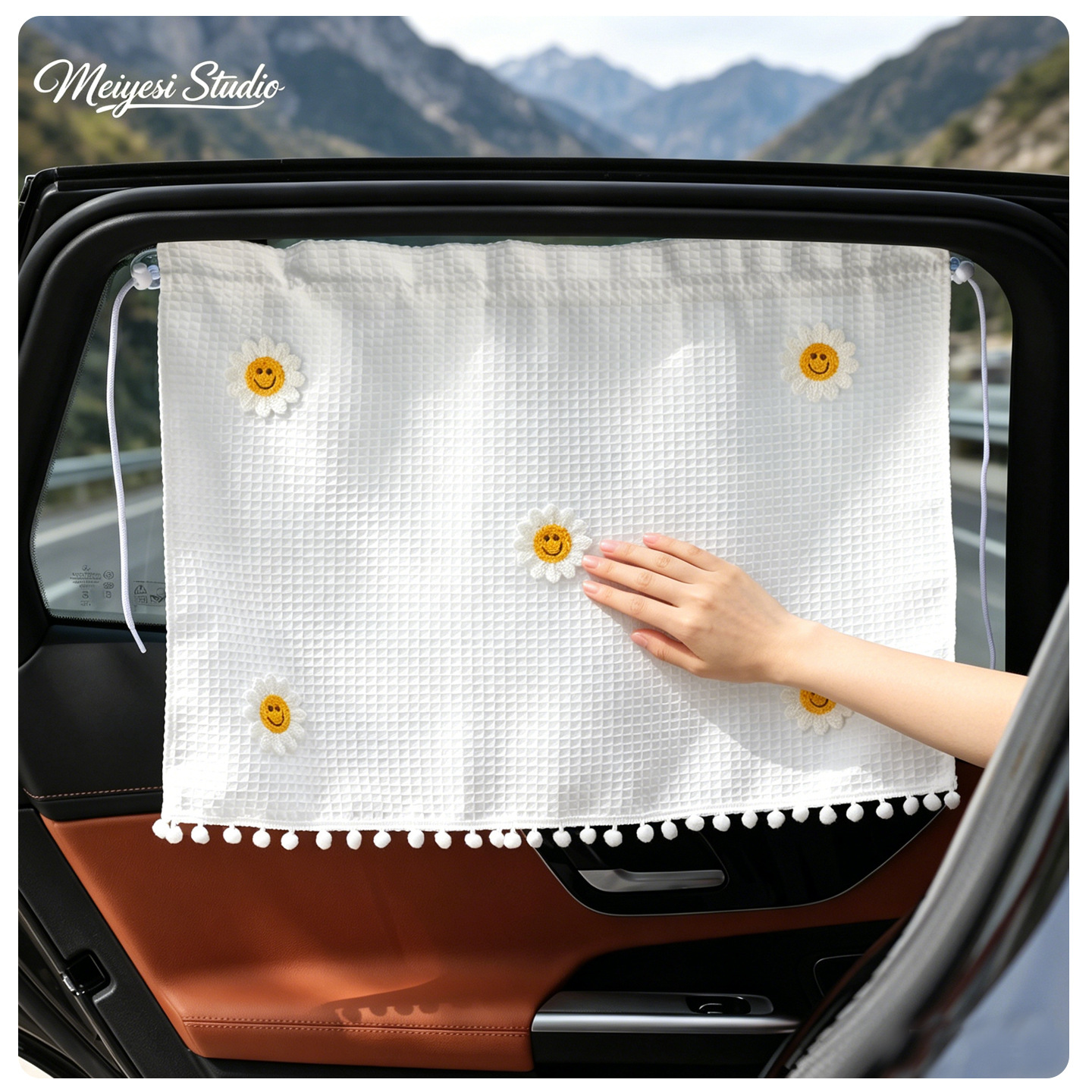 Car sunshade waffle curtain with suction cup attachment, cherry pattern, cartoon sun-blocking and heat-insulating car curtain