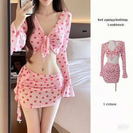 2025新款夏粉红少女四件套游泳女分体绑带裙式温泉度假比基尼纯欲
