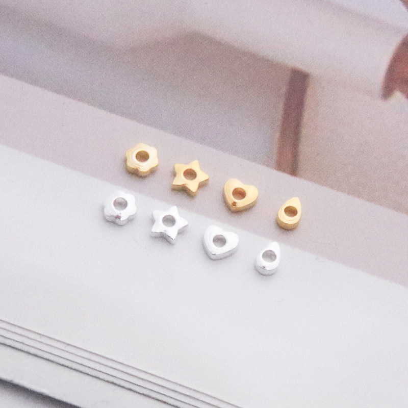 S925 Sterling Silver Beads Loose Beads Water Drop Heart-Shaped Five-Pointed Star Hexagonal Spacer Beads DIY Material Bracelet Accessories Beads
