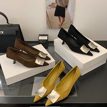 尖头金属扣一字带玛丽珍女鞋2025春秋季气质一脚蹬软底单鞋女大码