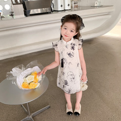 Girls' qipao skirt summer children Chinese-style princess dress ink painting dress girls babies summer wear Tang suit dress