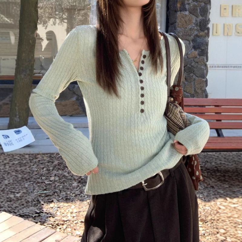 Retro Green V Neck Slim Fit Inner Knitwear Gentle Knitwear Women's 2025 New Style Super Nice Top