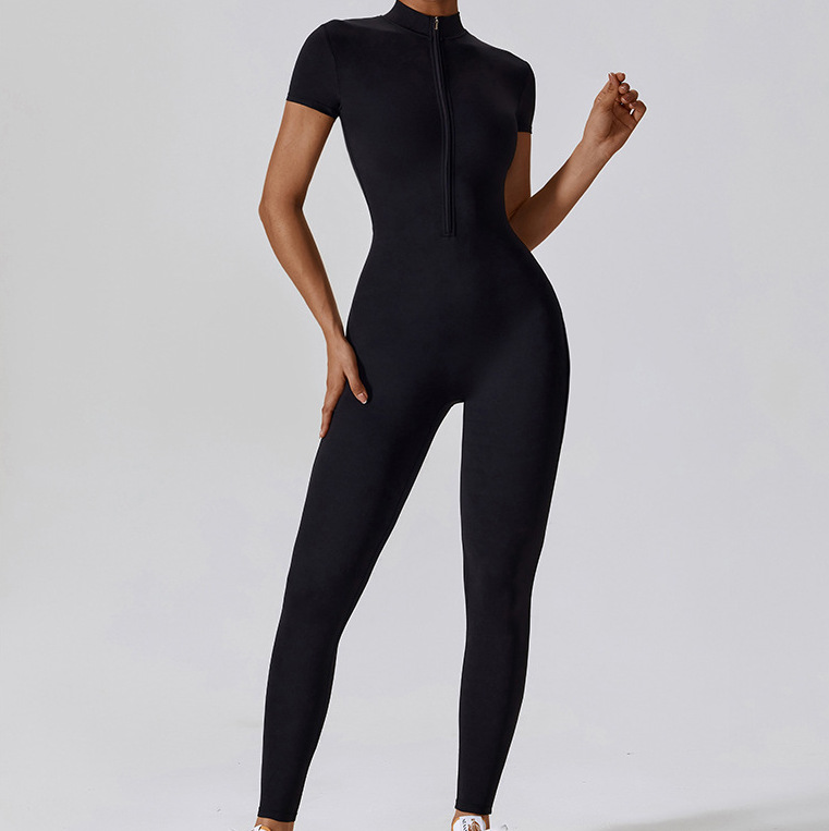 273g Weight Short Sleeve Sleeve Length Women's Sports Solid Color Nylon Spandex Zipper Tracksuit Bodysuits Jumpsuits