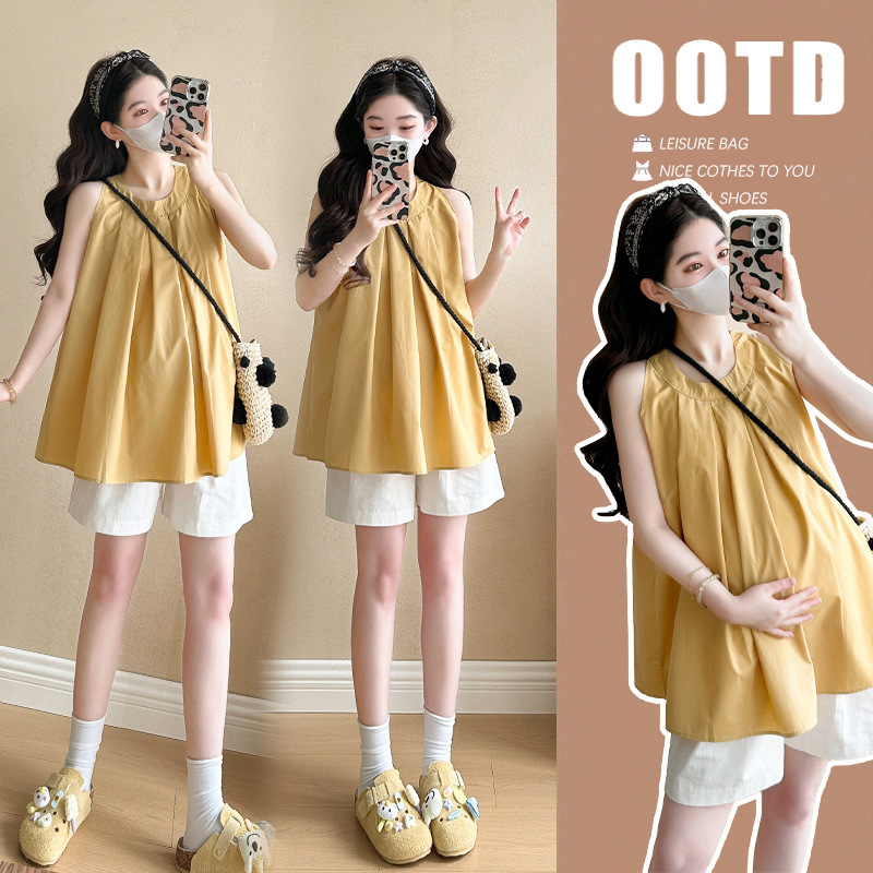 Pregnant Women's Top 2025 Summer Thin Belly Covering Vest Loose Doll Shirt Summer 2-Piece Set