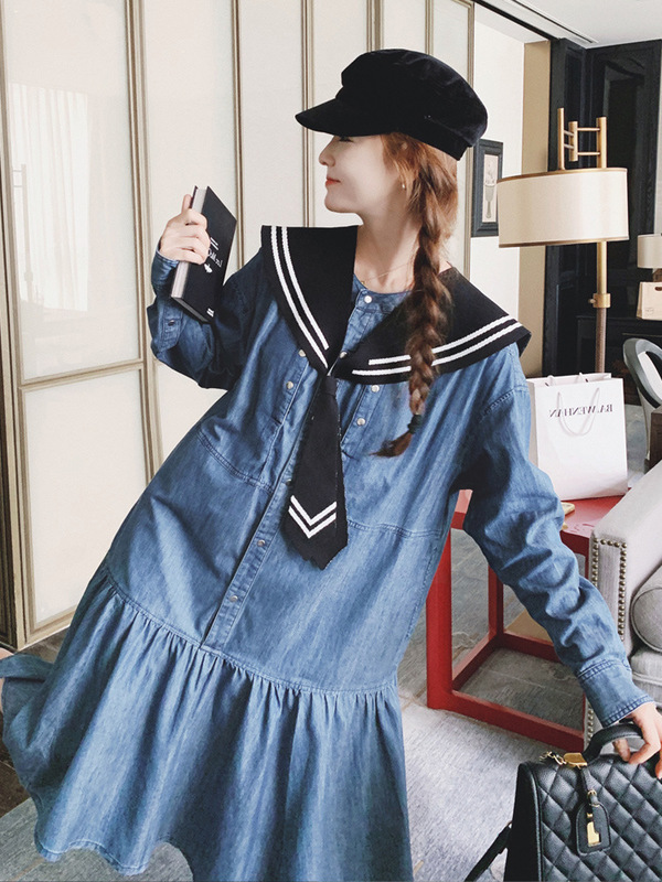 Real Shot Navy Collar Long Sleeve Denim dress Women's Spring and Autumn Niche Design Casual Gentle Style A- Shoulder Skirt