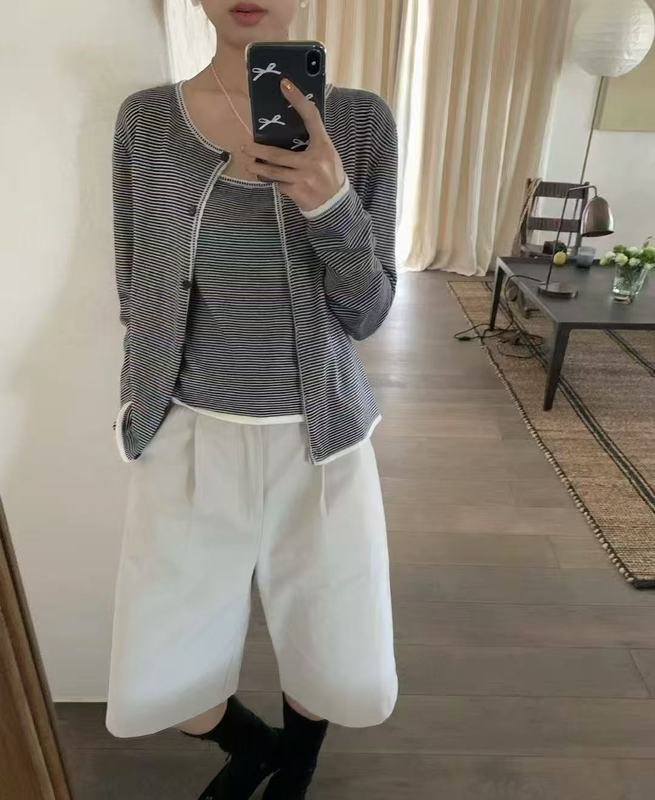 针织衫条纹长袖韩系圆领两件套女早秋温柔简约背心吊带套装针织衫|undefined