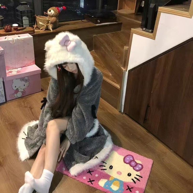 2025新款睡衣珊瑚凯蒂猫睡袍冬季毛绒加厚甜美清新长款家居服外穿|undefined