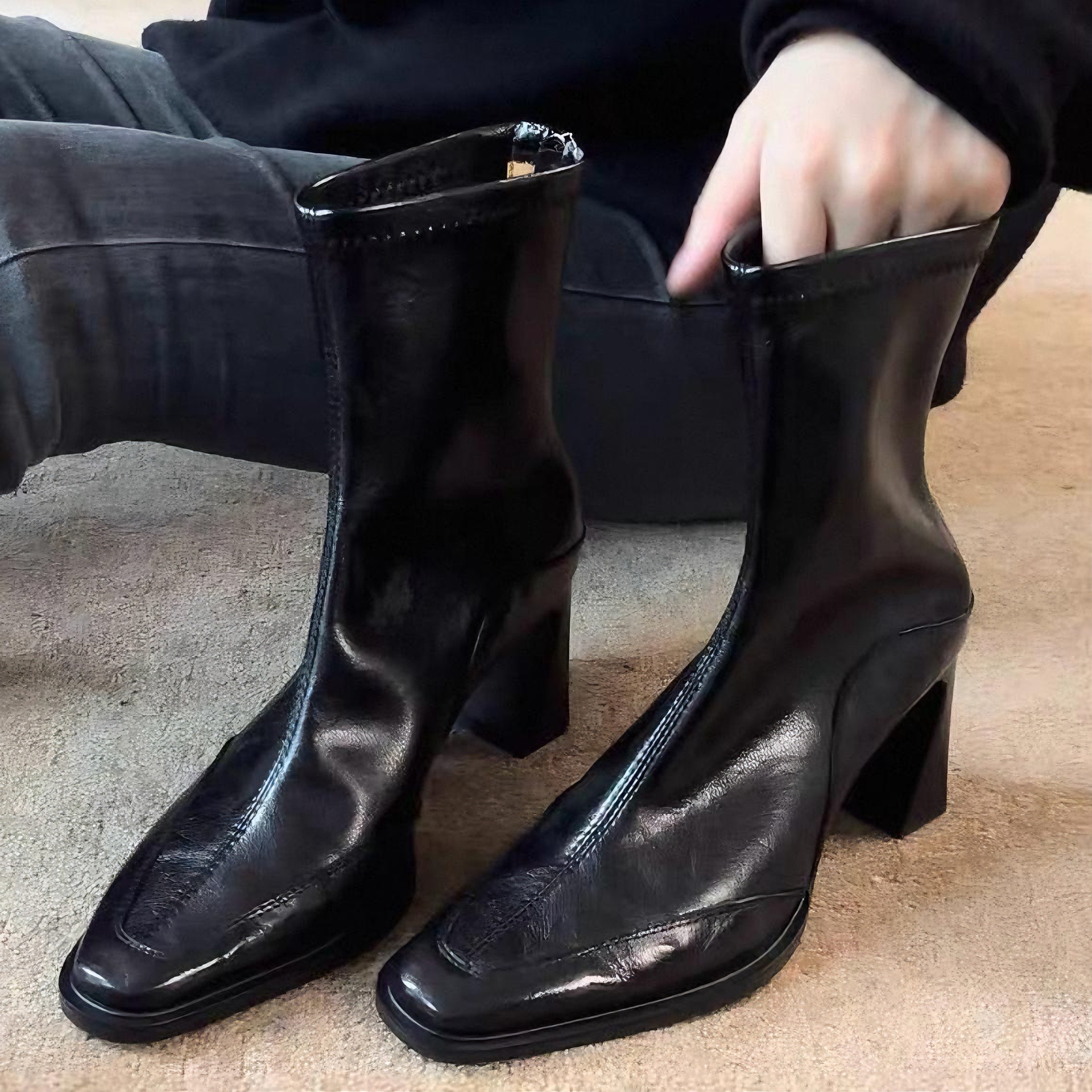 Cowhide ~ High-Heeled Short Boots for Women 2025 Autumn and Winter New Genuine Leather Boots Square Toe Small Ankle Boots Thick Heel French Slim Boots