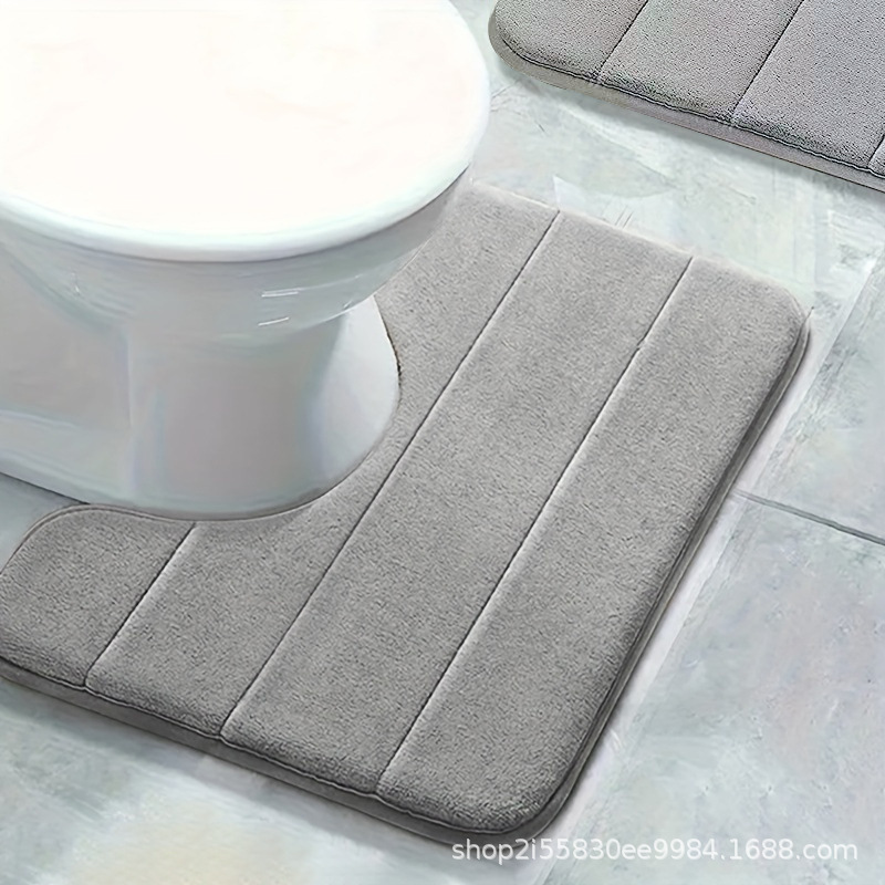Cross-Border Striped Embossed Coral Fleece Floor Mat U-Shaped Solid Color Toilet Mat Easy-Care Bathroom Mat Non-Slip Mat
