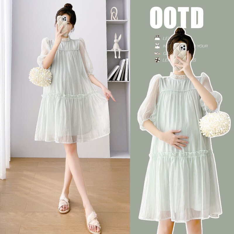 Pregnant Women's dress Summer Short-sleeved Thin Green Small Mid-length Loose Belly Covering Top 2025 New Women