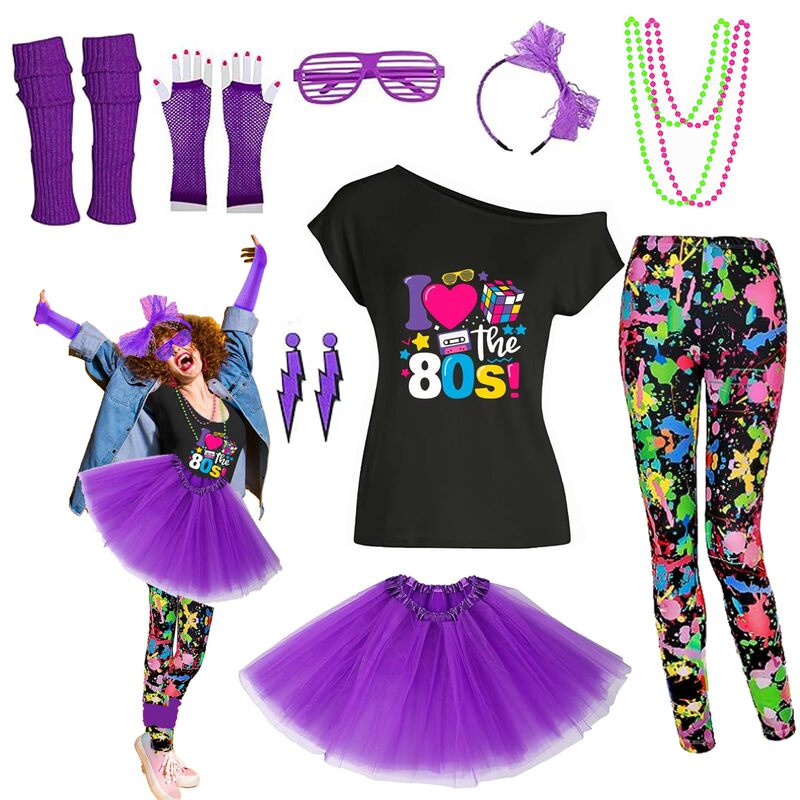 80S Clothing Women's Accessories Set T-Shirt Shorts Tutu Skirt Neno Party Leg Warmers Headband