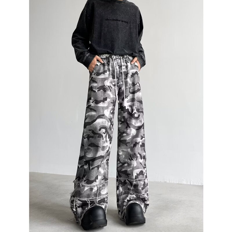 Men's Urban Vintage Snow Camouflage Jeans Loose Japanese Style Straight Trendy Brand Casual Denim Pants Men's Urban Vintage Snow Camouflage Jeans Loose Japanese Style Straight Trendy Brand Casual Denim Pants