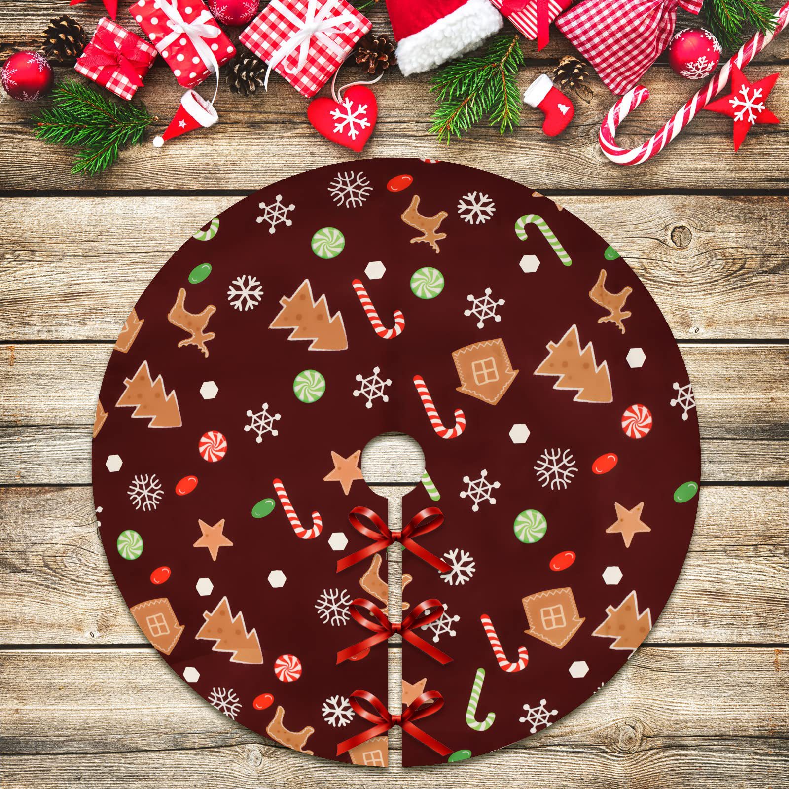 Falda de árbol de Navidad a rayas FIESTA DE Navidad copo de nieve Plaid pastel de azúcar impreso felpa corta árbol de Navidad diseño inferior