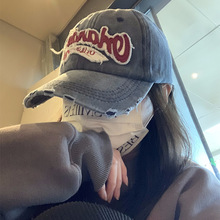 美式复古做旧棒球帽女大头围水洗破洞牛仔宽帽檐显脸小帽子