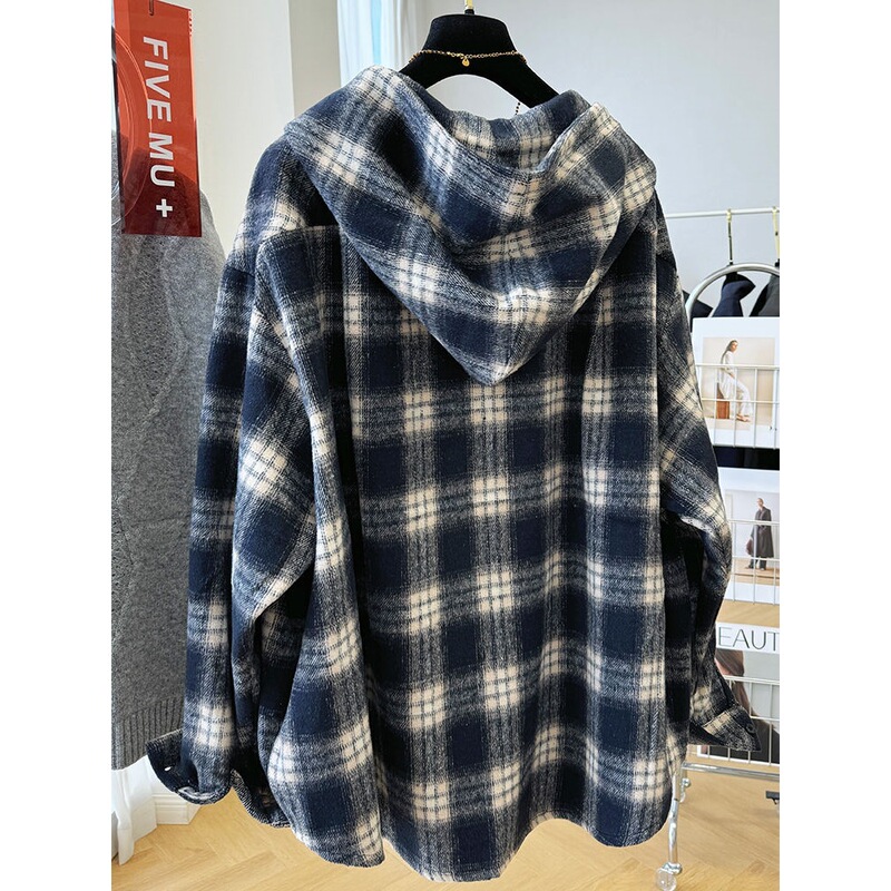 New Korean-Style Brushed Plaid Hooded Shirt Jacket for Women, Autumn Loose and Relaxed Style Top
