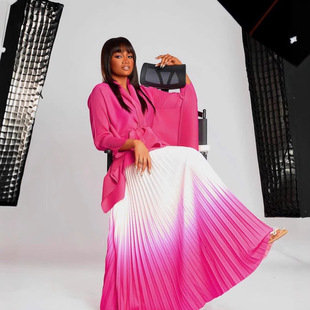Miyake Pleated Plus Size Women's Slimming Suit Bat Sleeve Top Gradient Pleated Skirt Two-Piece Set African Foreign Trade