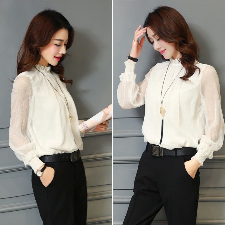 Women's autumn new all-match lace Hollow shirt chiffon shirt mesh ruffled stand collar bottoming top shirt for women