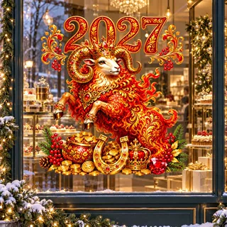 2027新年玻璃静电贴火羊金币聚宝盆大橱窗装饰贴纸俄罗斯窗贴批发