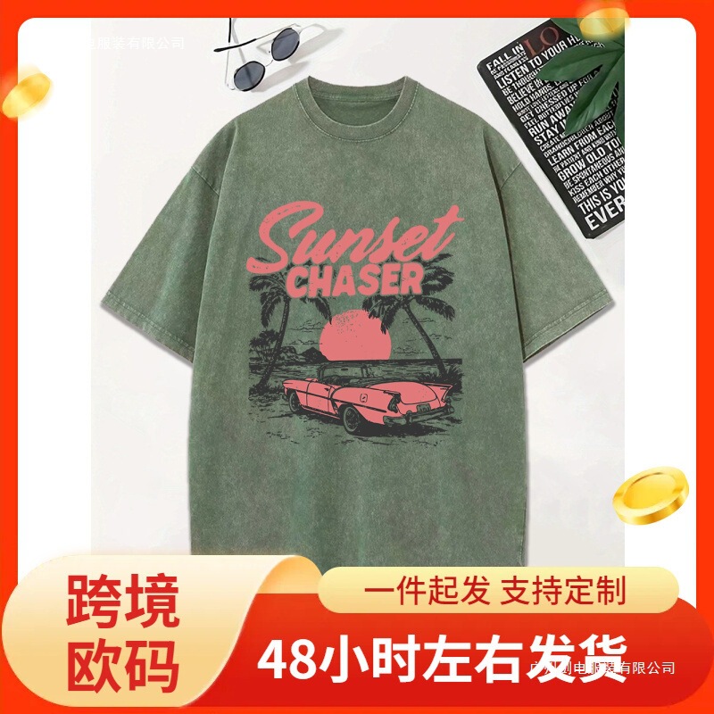 A Sports Car Chasing the Sunset Pure Summer Wash T-Shirt Women's Top Casual O-Neck Retro T-Shirt Summer Women's Clothing