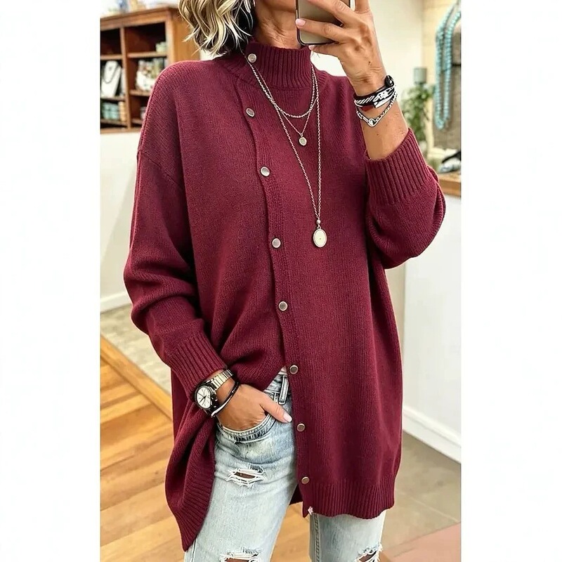 2026 European and American buttoned knitted turtleneck sweater coat, new autumn and winter cross-border solid color casual fashion women's clothing