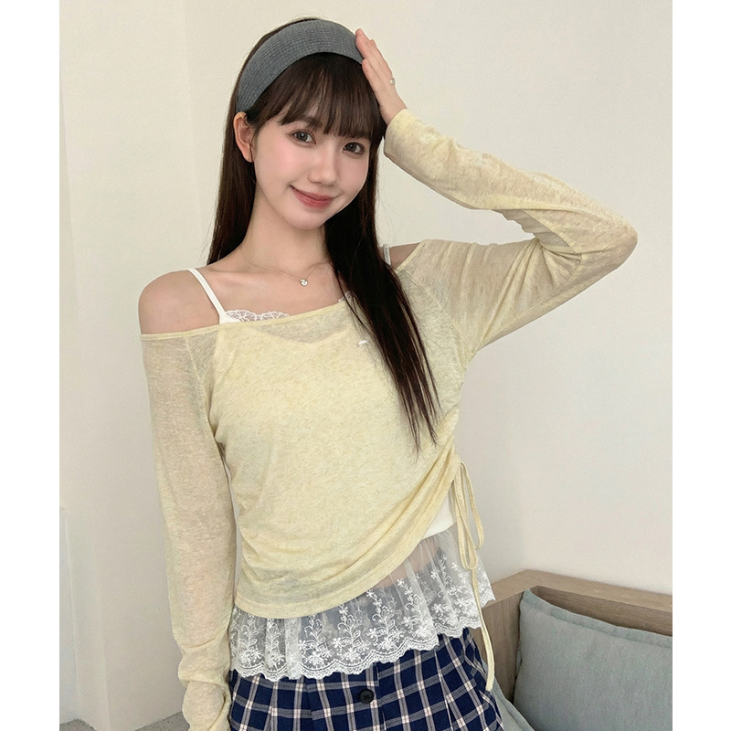 Real Shot # Ice Silk Knitwear Women's Thin Sun Protection Cover-Up Lace Splicing Camisole Drawstring Two-Piece Set