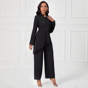 European and American Women's Amazon Two-Piece Solid Color Straight Pants Sexy Long Sleeve Split Casual Sports suit