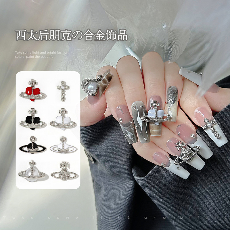 Online celebrity Queen Mother nail jewelry dark metal style Saturn Pearl Rhinestone CROX cross nail decoration