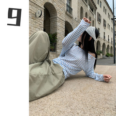 [9hour]美式辣妹斜肩条纹t恤女 2025夏季贝壳装饰长袖上衣女c255