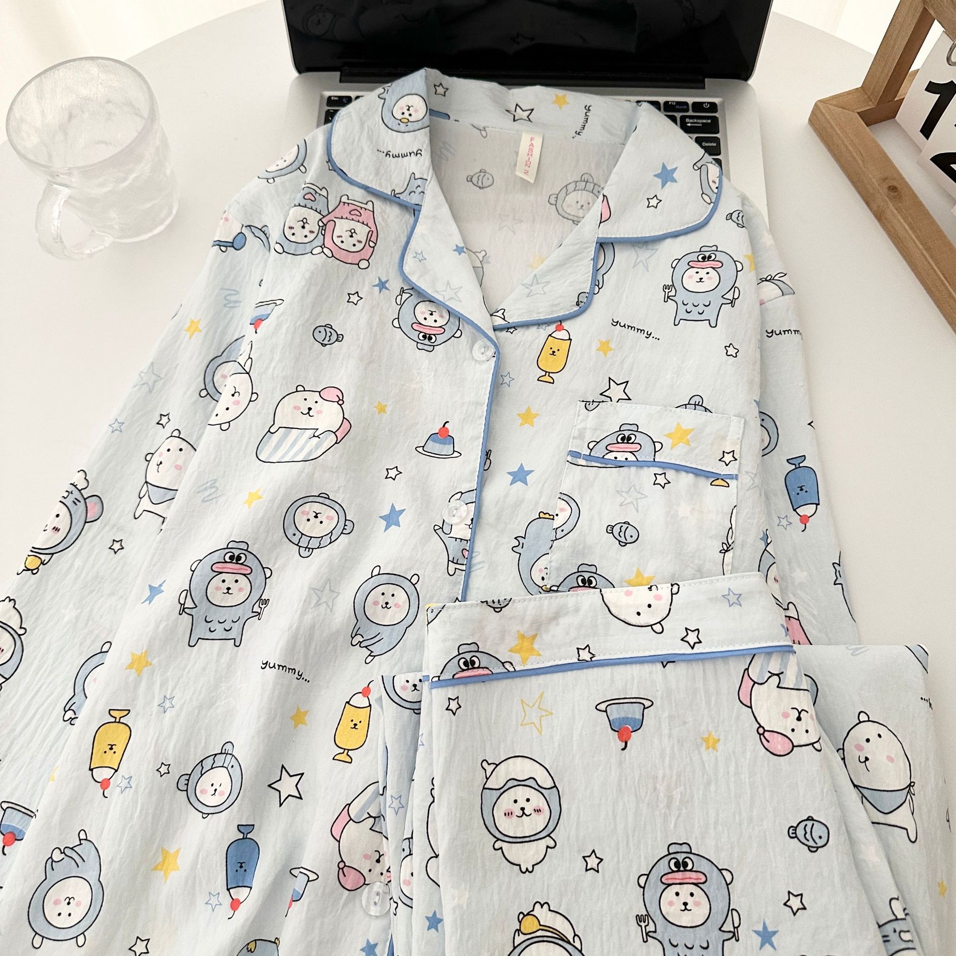 Pijamas de algodón nubes al por mayor transfronterizos de otoño de dibujos animados lindos pantalones de manga larga de dibujos animados cardigan con solapa set de ropa para el hogar