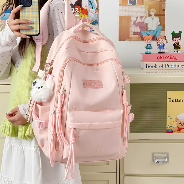 Korean-Style Sweet and Stylish Bow-Knot Schoolbag for Middle and High School Students, Multi-Layered, Weight-Reducing Backpack, Casual Backpack