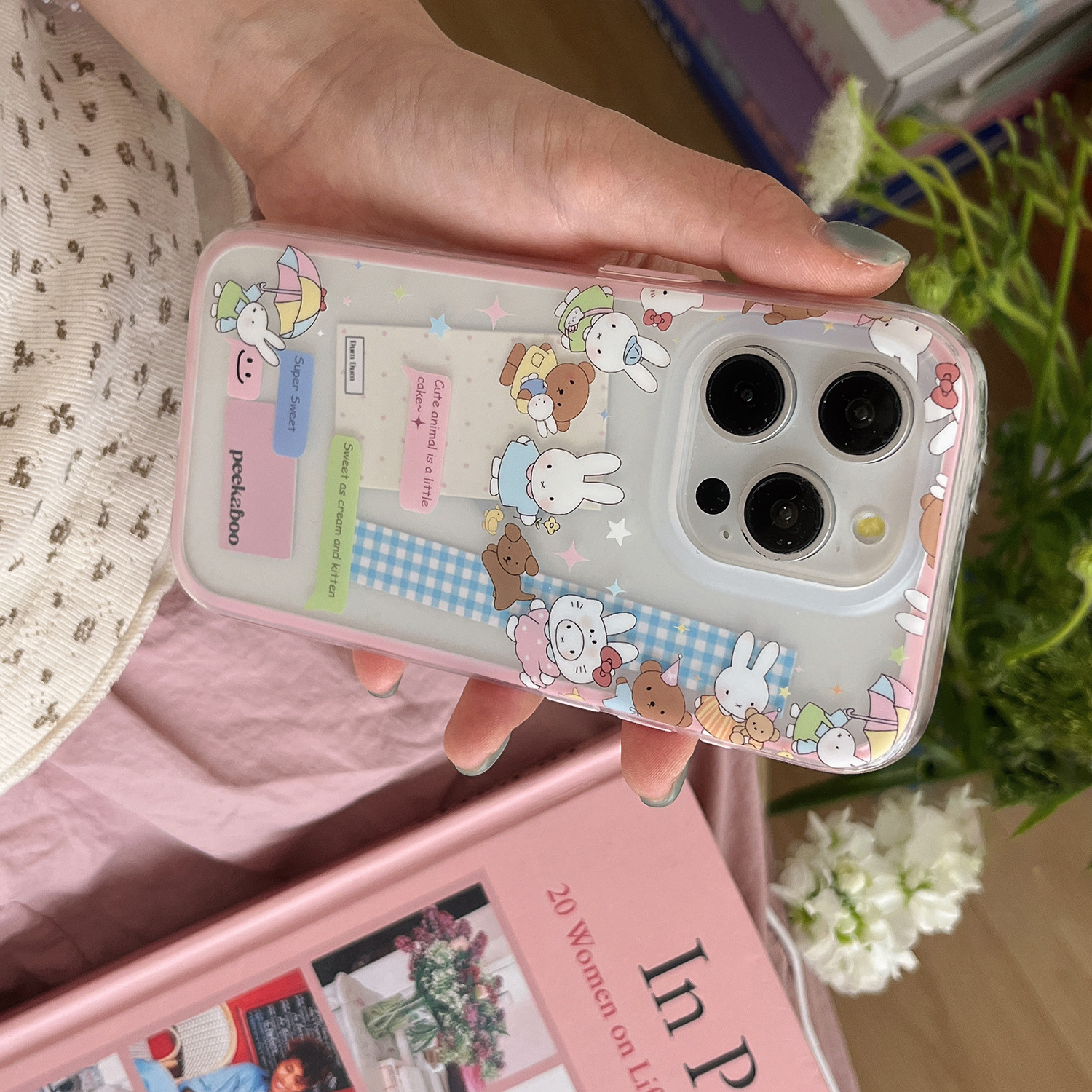 Dibujos animados lindo círculo conejo oso para Apple 16ProMax funda para teléfono móvil 15Pro niña 14/13 nuevo 15