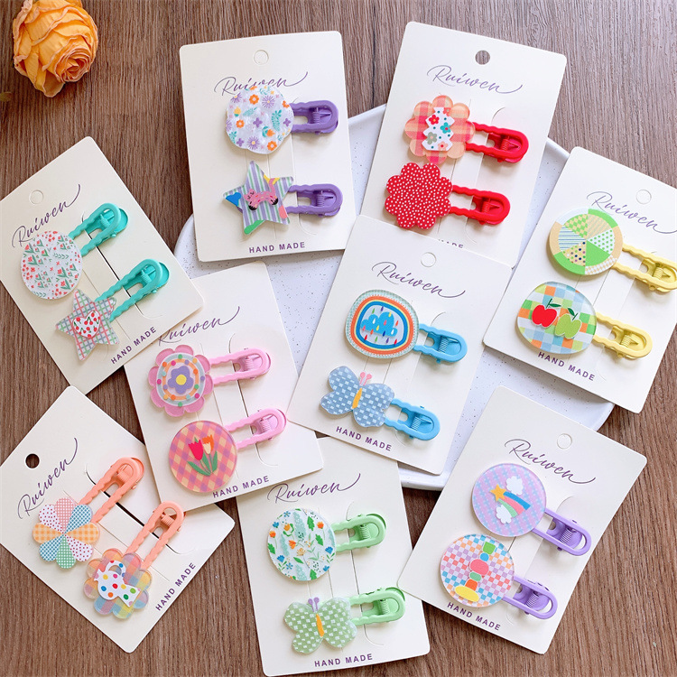 新款兒童幾何彩繪花朵髮夾可愛女童劉海碎發邊夾寶寶對裝發卡頭飾
