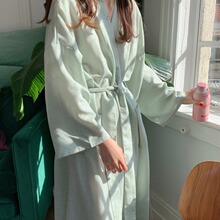 实拍2021新款睡袍女可爱小格子浴袍长款和服ins睡衣时尚家居服