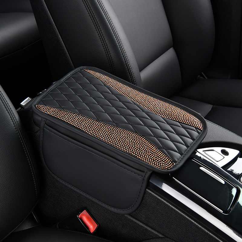 Manufacturer Shiny Diamond Car Armrest Box Pad Crystal Rhinestone with Side Pocket Interior Central Leather Elbow Protector Cover