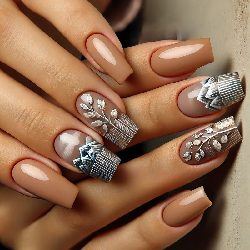 Natural Style Landscape Painting Wearable Nail Patch Silver Leaf Manicure Patch Mid-Length Fake Nail Wholesale Tb-41