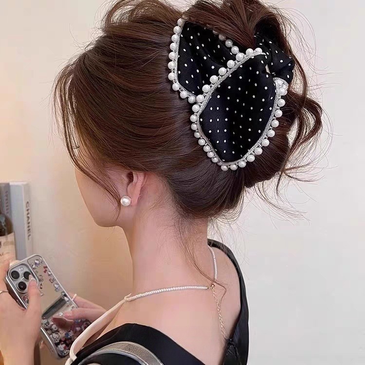 Satín de alta sensación, arco negro grande, clip de tiburón, toque de cabeza, clip de nube, clip de agarre, clip de cabello, tarjeta de cabello de mujer