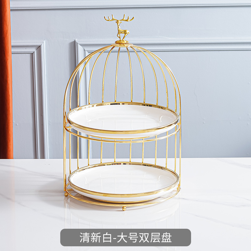 Plato de fruta de cerámica de lujo ligero mesa de café de la sala de estar cesta de frutas en casa plato de pastel de caramelo creativo adornos de almacenamiento de postre de doble capa