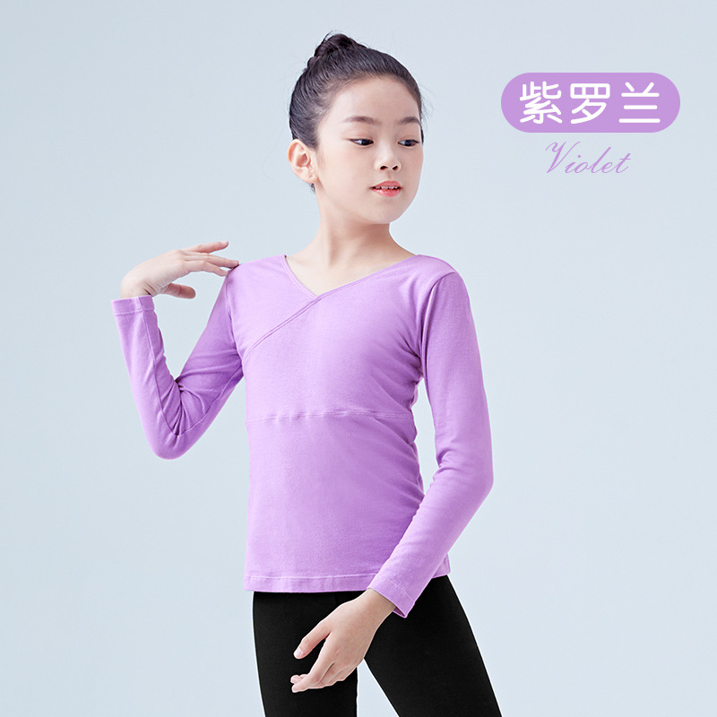 Nueva Ropa de baile los niños primavera manga larga traje delantero Cruz Niñas práctica danza superior al por mayor