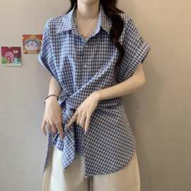 法式设计感绑带格子短袖衬衫女夏季新款特别致收腰带钻显瘦上衣